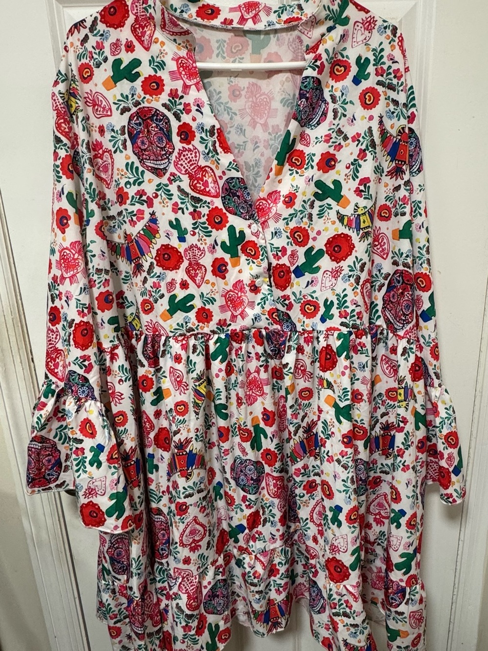 Floral & Skull Print Long Sleeve Tunic Dress - White/Red
